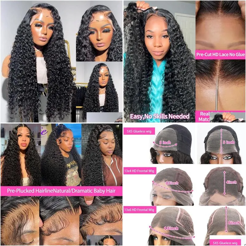 Perruques synthétiques 13x6 HD Lace Frontal Wig onde profonde Human Human 250% bouclé 30 pouces avant 5x5 Sans glue sans porter le produit de livraison DHCQR