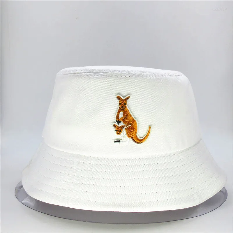 Berets Kangaroo Animal Embroidery Cotton Bucket Hat Fisherman Outdoor Travel Sun Cap Hats For Kid Men Women 191