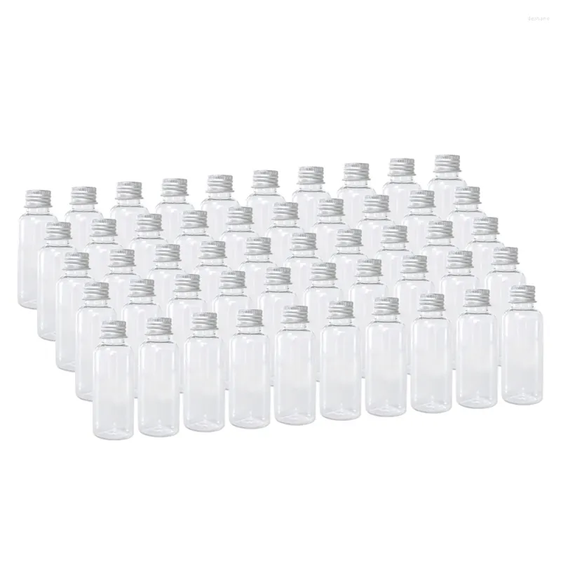 Butelki do przechowywania 100pcs z plastikowej butelki z aluminiowym zestawem do śrubowego Zestaw do podróży puste słoiki do napełniania 5 ml do 100 ml kosmetyczny pojemnik dla zwierząt domowych