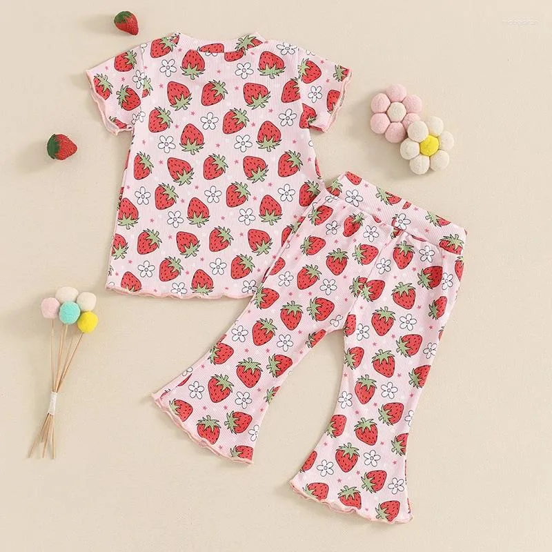 Kledingsets Peuter Girl Zomerkleding Strawberry Bell-Bottom Pant Ruch Ruffle Short Sleeve Top Little Girls Infant Outfits