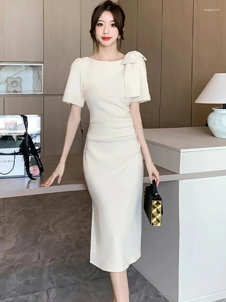 White Bow Midi Dress for Women Summer Short Sleeve O-Neck Slim Fit  Polyester A-Line Dress with Natural Waistline from Dhgate Urban Sexy Dresses  - price 44.58
