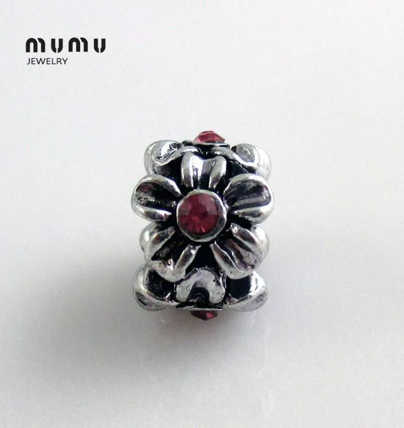 Wholesale Diy Jewelry Flower Charm Beads Silver Plated With Red Crystal Plum Loose Beads Fits European Charm Bracelets Free Shipping8480245