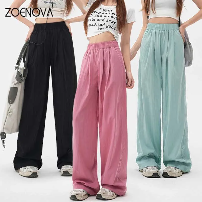 Pantalon féminin Capris Zoenova Harajuku Strt Fashion Womens Ice Silk Fin Mens Casual Mens 2024 Été Nouveau pantalon élastique haute taille à jambe large Y240422