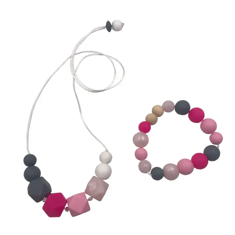 Silicone Teething Necklace and Bracelet Set Food Grade Chew Beaded Necklace Organic Wooden Beads for Little Girl Kids