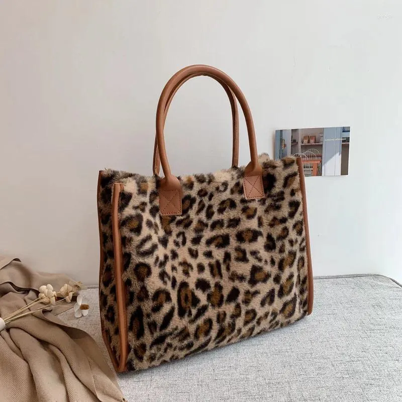 Leopard Print Leather Tote Bag for Women Soft Plush Winter Shoulder Bag