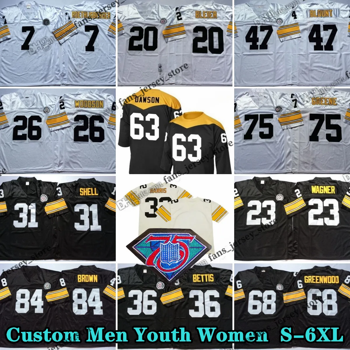 Custom 75th Vintage 75 Joe Greene 1969 Maglie da calcio 84 Antonio Brown 59 Jack Ham 31 Donnie Shell 82 John Stallworth 88 Lynn Swann 20 Rocky Bleier 23 Mike Wagner