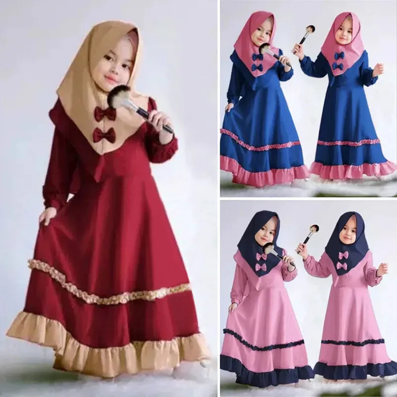 Roupas 2 peças Gostações muçulmanas abaya hijab vestido para meninas garotas lenço de cachecol.