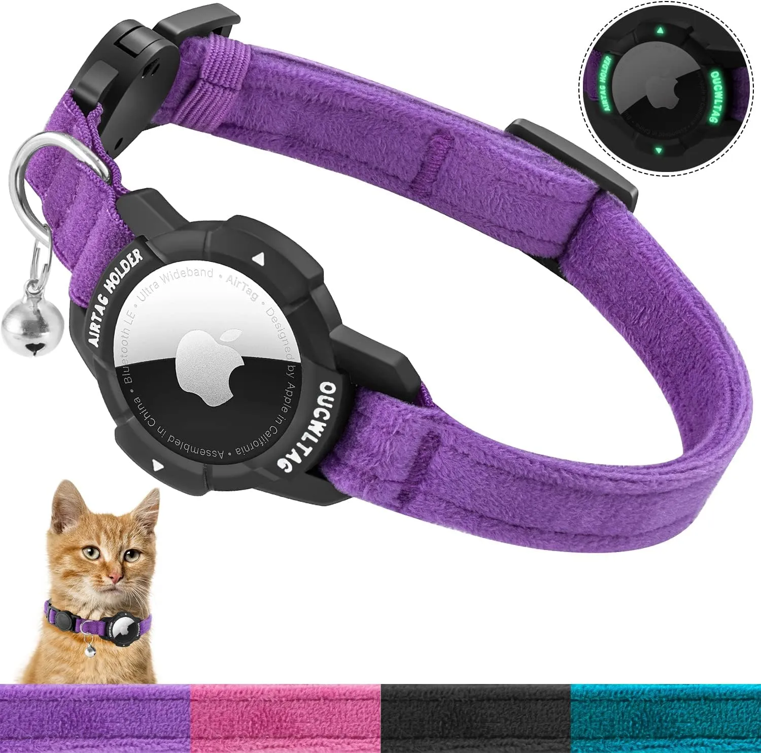 Breakaway Cat Collar With AirTag Holder & QR Code ID Tag - Reflective Adjustable Kitten Collar (Purple Moons & Stars) - View #12