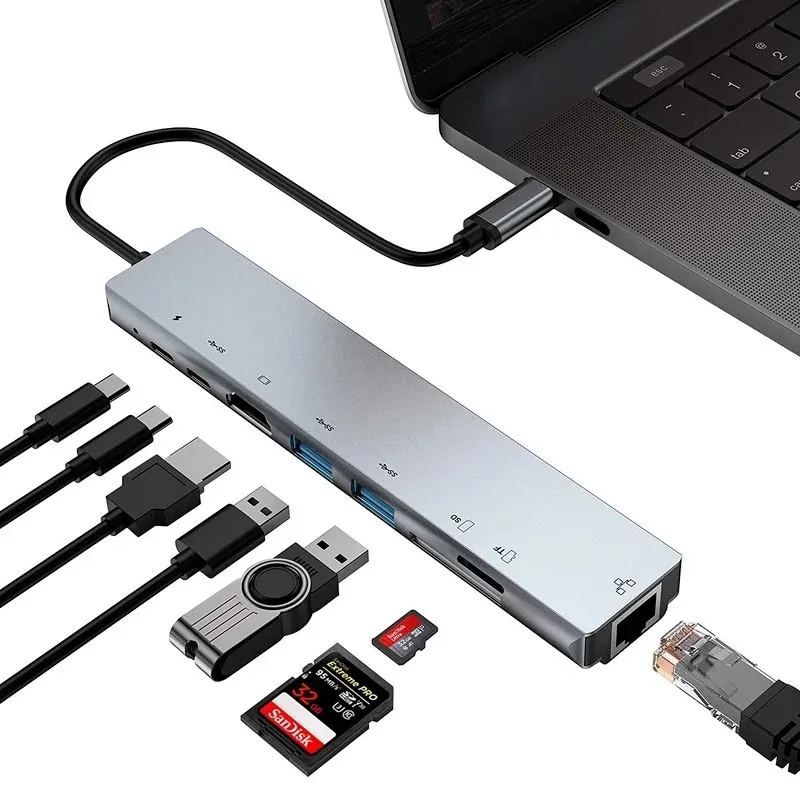 USB Docking Station 8 в 1 Type-C до 4K RJ45 Dock Station USB 3.0 TF PD Adapter Adapter Past Charger Dock Station