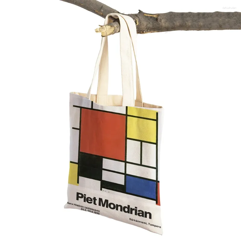 Shoppingväskor piet mondrian geometrisk linje färg block dubbel tryck väska kvinnor shoppare dam canvas tote återanvändbar reseväska