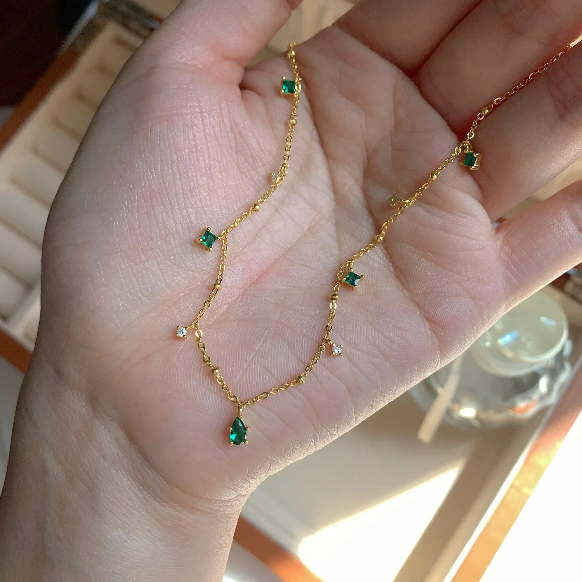 Halsband Emerald Pendant Real 14K Gold Necklace Emstone Pendant For Women Wedding Engagement Smycken Gorgeous Promise