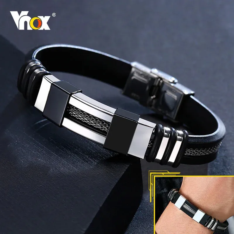 Vnox Stainless Steel Bracelet Men Wrist Band Black Grooved Rudder Silicone Mesh Link Insert Punk Wristband Stylish Casual Bangle 240417