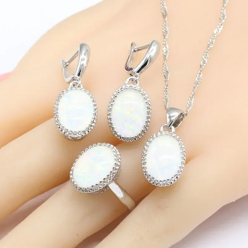 Colares Austrália White Opal Stones Silver Color Jewelry Conjuntos de jóias para mulheres Brincos de pendente de colar Ringos de presente Caixa de presentes