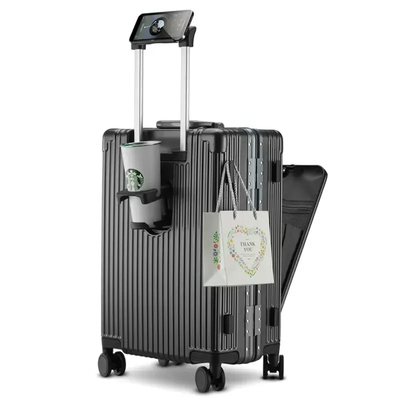 Mala de bagagem de abertura frontal de alumínio rolando girador de bagagem USB porta -voz do suporte para cabine portador unissex Bolsa de viagem