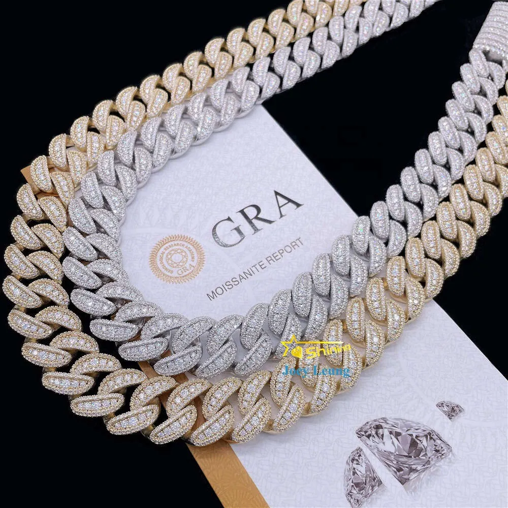 Biżuteria hip -hopowa 20 mm 3 rzędy okrągły kształt mrożony 925 Srebrny Moissanite Diamond Cuban Link Chain Men Naszyjnik