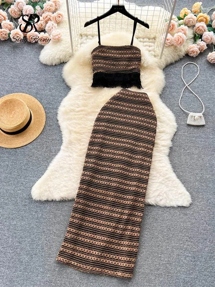 Work Dresses SINGREINY Summer Knitted Beach Two Pieces Suits Women Strap Tassel Camis Long Skirts Fashion Hollow Out Vintage Bohe Slim Sets