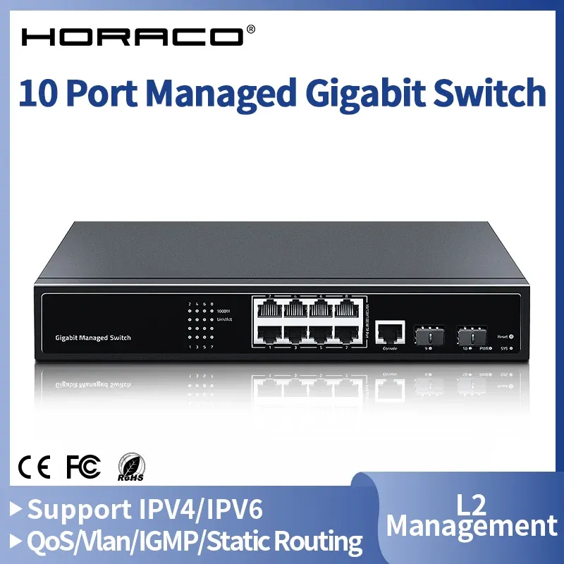 Control Horaco 10 Port Managed Gigabit Ethernet Switch 1000Mbps L2 Management Smart Network Switcher voor Camera Surveillance Router