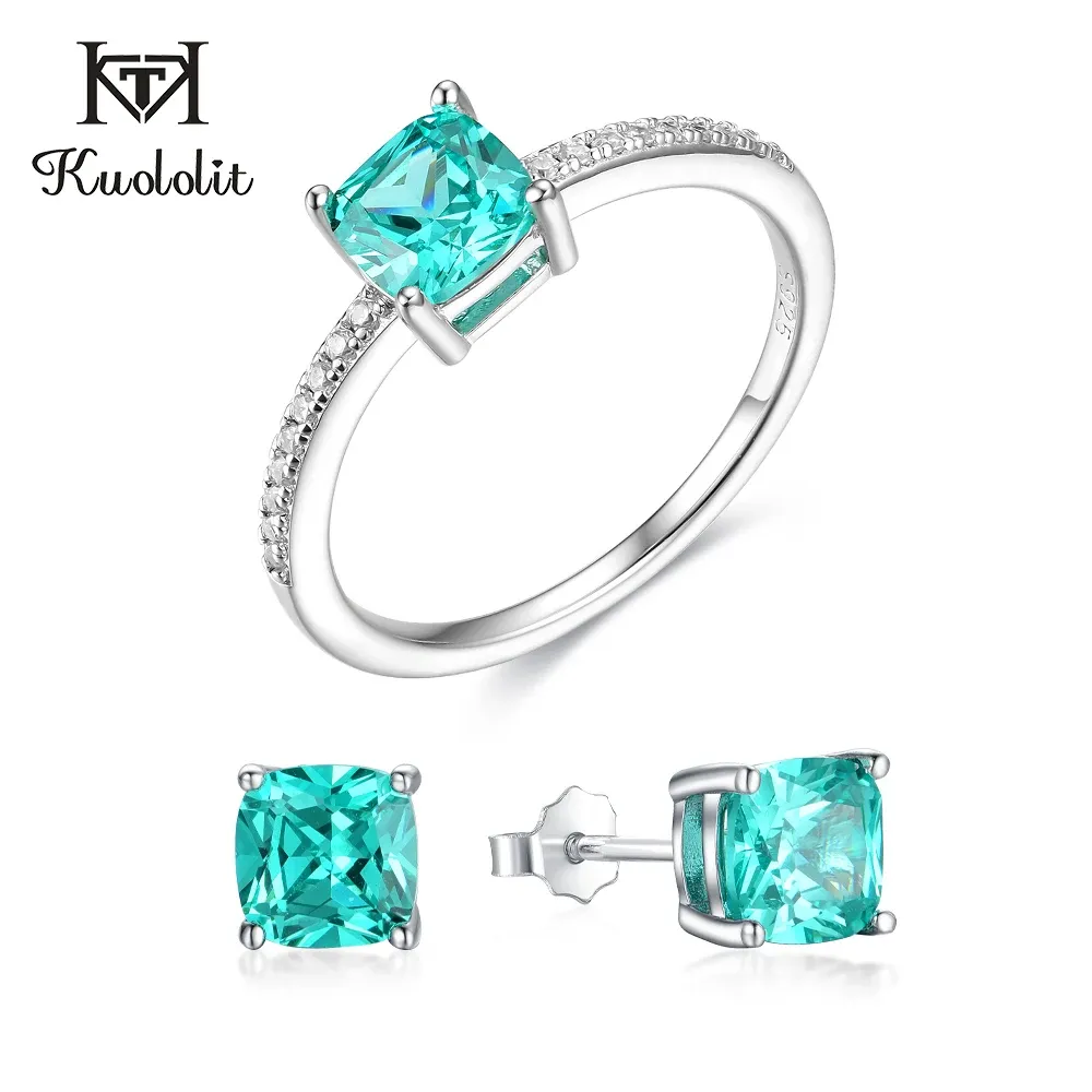 Uppsättningar Kuololit Emerald Aquamarine Gemstone Jewelry Set för kvinnor Solid 925 Sterling Silver Ringörhängen Engagemang