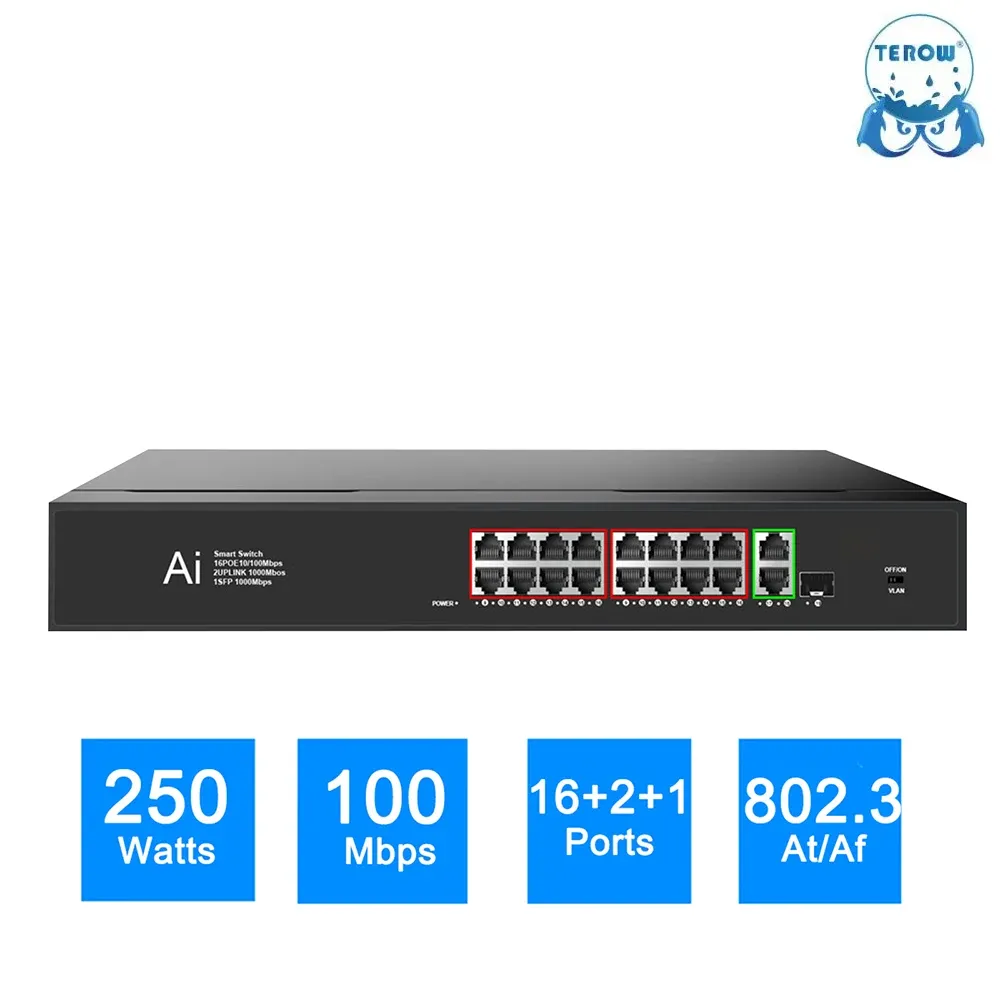 Control TEROW POE Switch 16 POE 2 Uplink 1 SFP 100/1000Mbps 19 Ports Network LAN RJ45 Hub Smart Ethernet Switcher 250W for IP Camera