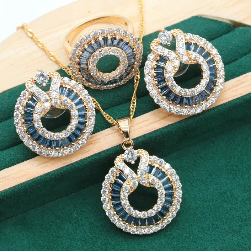 Necklaces New Arrivals Gold Color Jewelry Sets For Women White Blue Black Crystal Earrings Necklace Pendant Ring Christmas Gift 3PCS