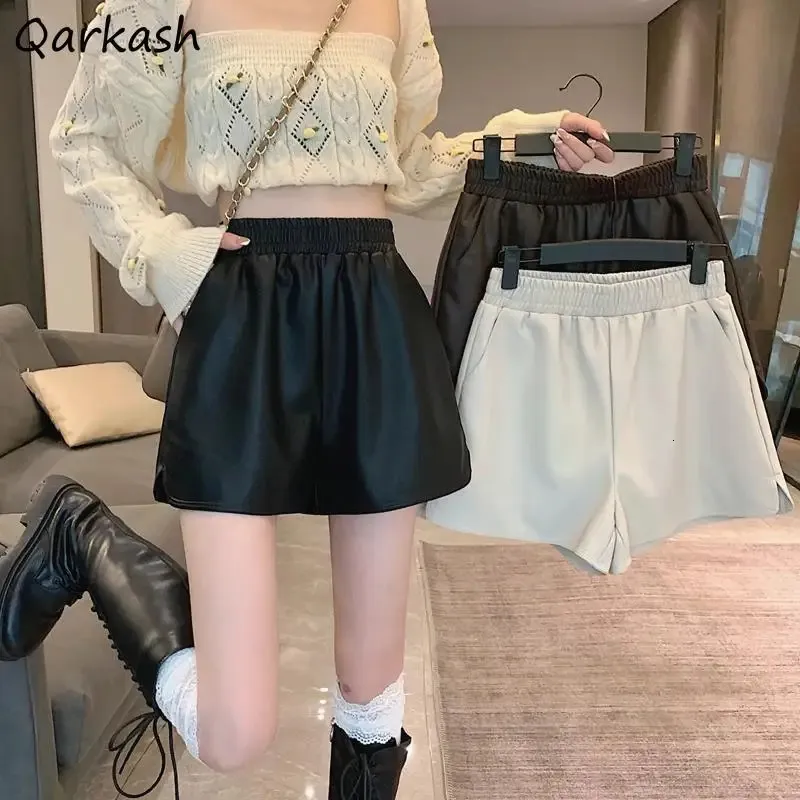 Ins Women Shorts PU Leather Chic Fashion Alta elástico S-5XL All-Match Casual Females Autumn Ulzzang Est 240409