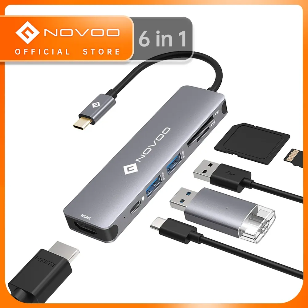 허브 NOVOO 6IN1 USB C HUB TYPE C에서 HDMICAMPATIBLE USB 3.0 PD 100W SD TF 카드 리더 어댑터를위한 Pro Nintendo Switch를위한