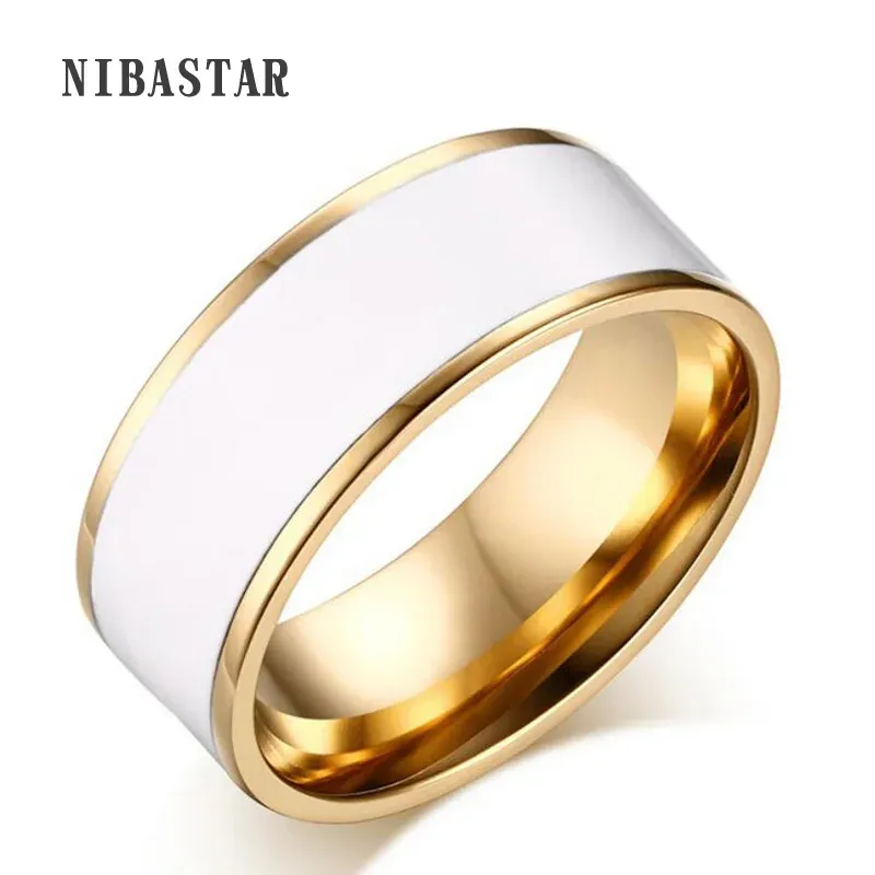 Bands Hot Sale Gold Color Plating Stainless Steel Rings Cover Pure White Enamel Classic Ring Inisde Polished For Women Man Valentine