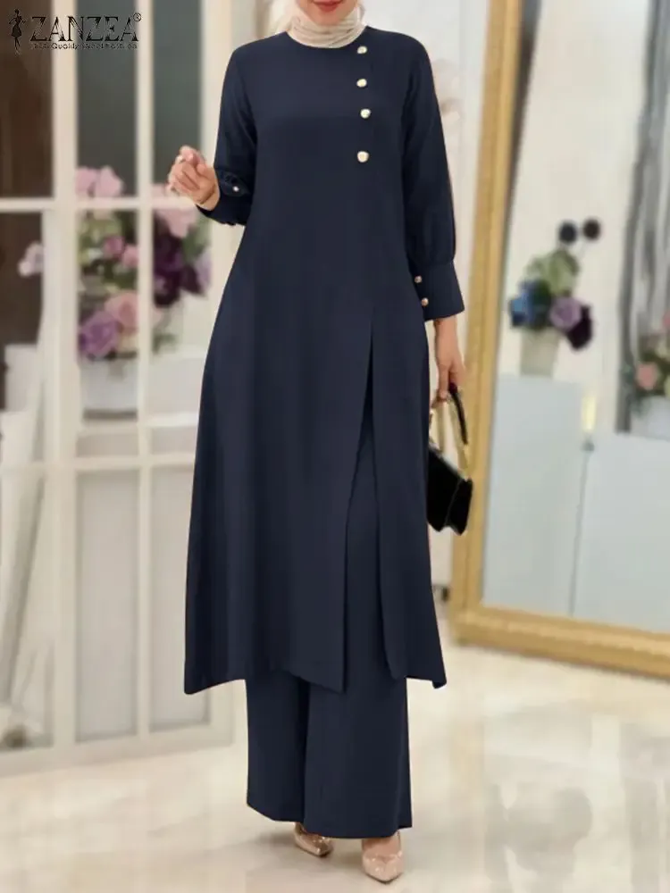 Clothing ZANZEA Elegant Women OL Work Pants Sets 2PCS Fashion Split Hem Long Shirt Wide Leg Trousers Suits Solid Muslim Sets Outifits