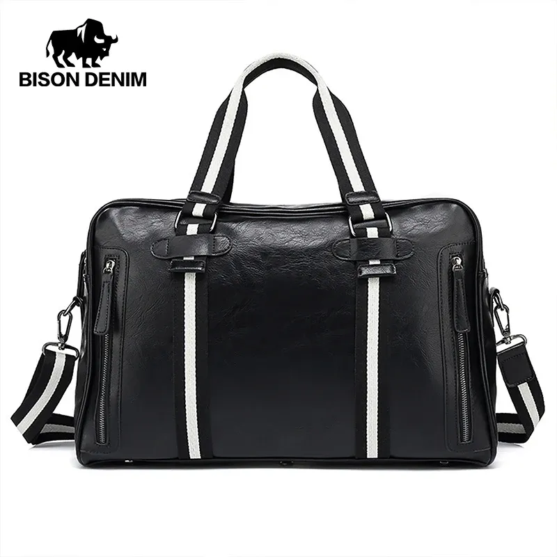 Väskor bison denim läder resväska stor kapacitet duffle fitness väskor handväska axelväskor kvinnor män affärer bärande bagagepåse