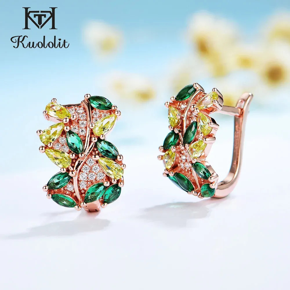 Örhängen Kuololit 585 Rose Gold Emerald Peridot Gemstone Clip Earrings for Women Solid 925 Sterling Silver Marquise Earrings for Party