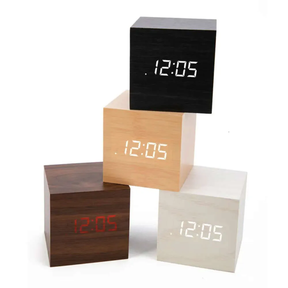 LED Alarm Mini Digital Wooden Clock Wood Retro Glow Clocks Desktop Table Decor Voice Control Snooze Function Desk Calender s