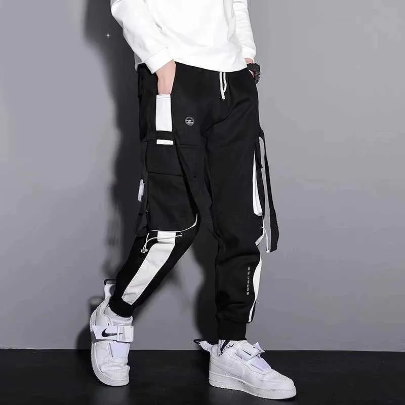 Men's Pants Functional fashion brand overalls mens personality ribbon tie-in Korean version of the trend of Loose Strt hip-hop pants Y240422