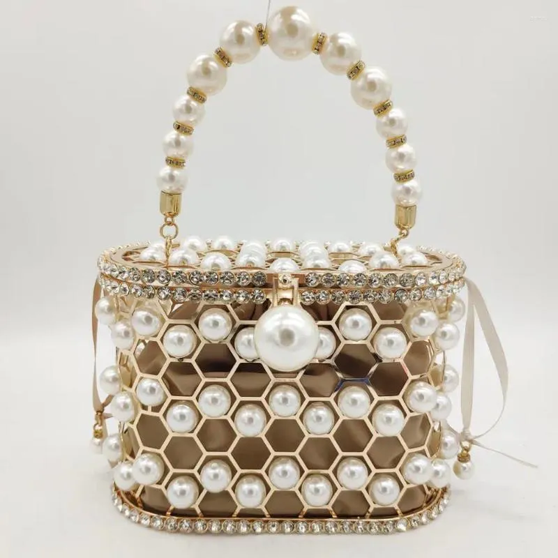 Shoulder Bags Boutique De FGG Pearl Beaded Evening Bucket Clutch Bag Women Luxury Rhinestone Party Purse Ladies Diamond Handbags