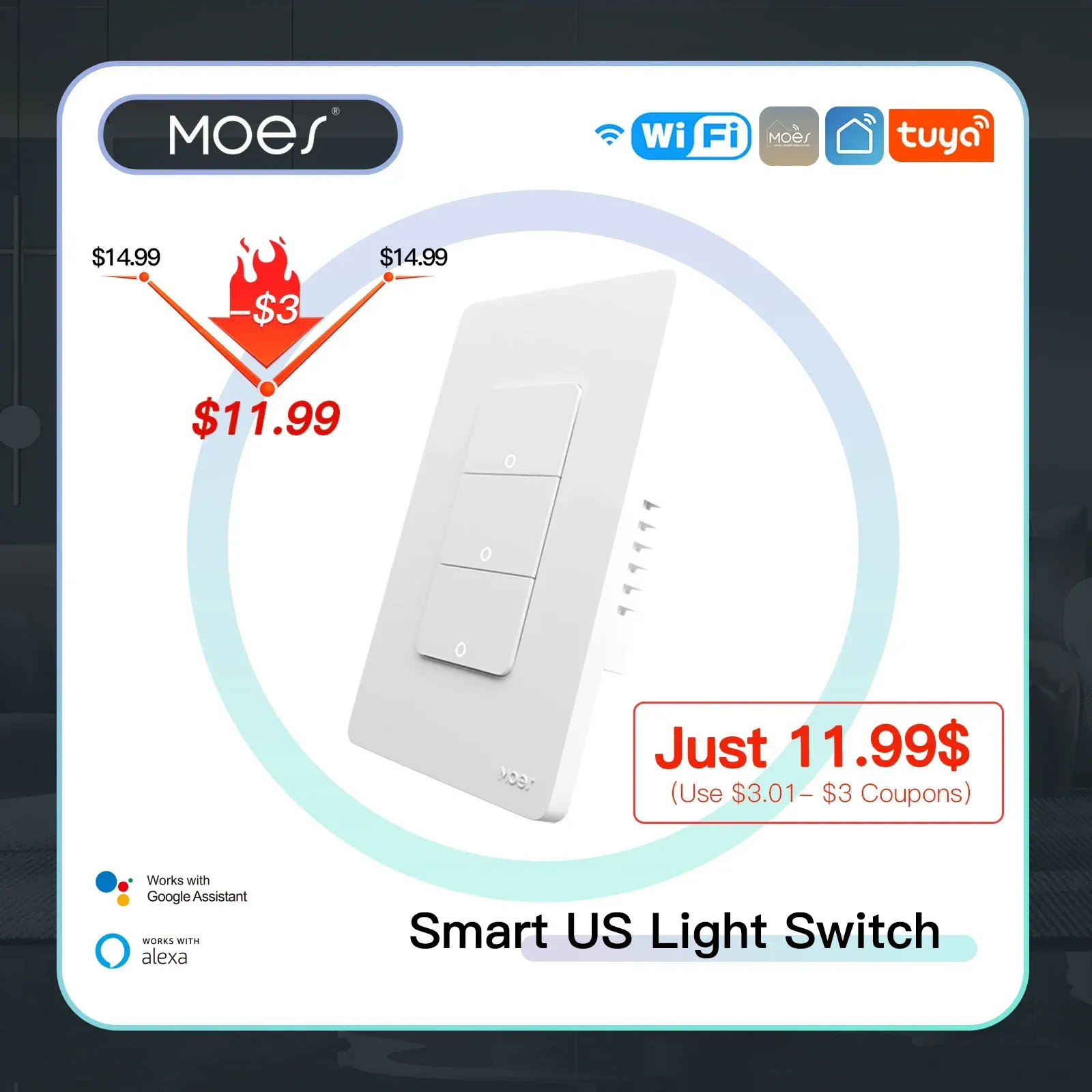 Kontrola Moes Tuya Wi -Fi Smart Light Switch Us Single Bulue Push Włącznik ściany Praca z Alexa Google Home Neutral Drut