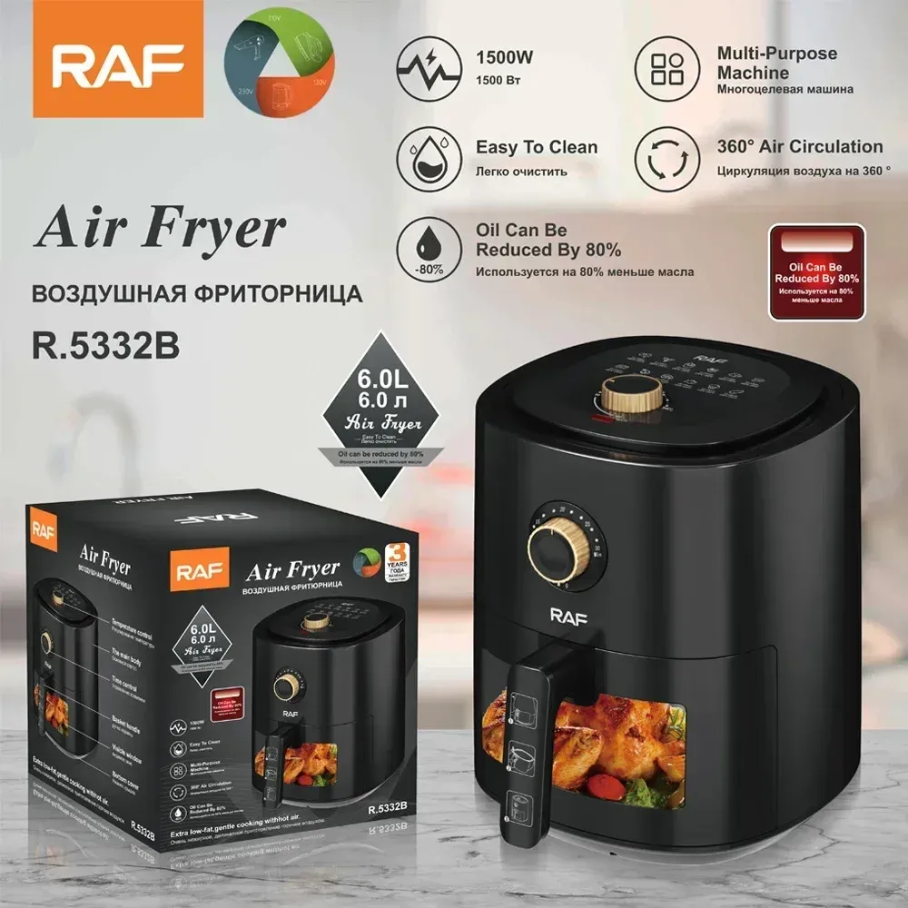 FRYERS Padrão europeu Visual Air Fryer sem fumante LargeCapacity LargeCapacity Machine Fries Machine 6L