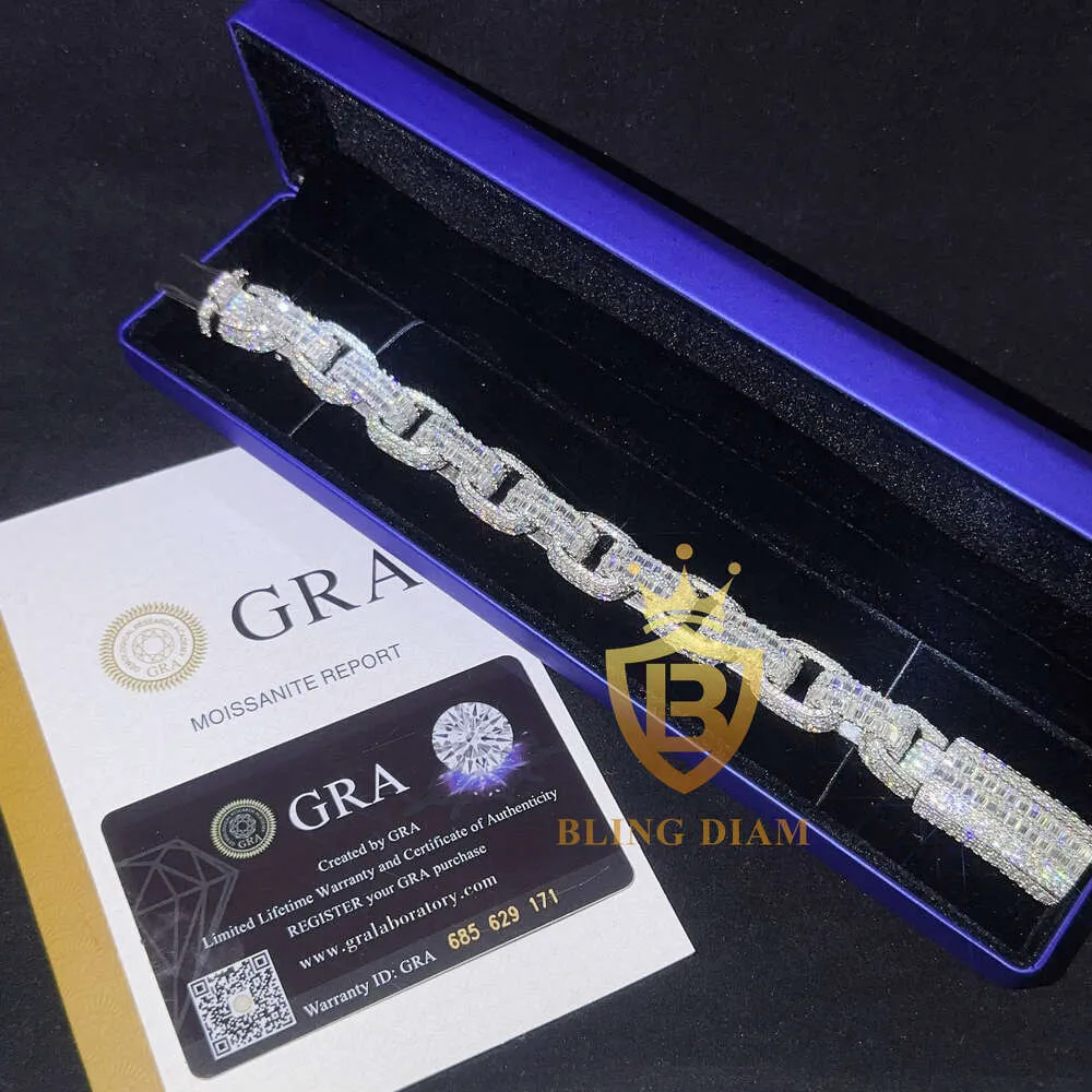 Pass Diamond Tester 14,5 mm bijoux hip hop 925 Silver Moissanite Cubana Bracelet Luxury Baguette Cut Cuban Link Bracelet pour hommes