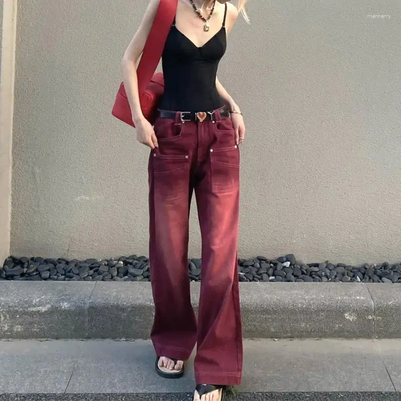 Jeans femminile vino rosso streetwear da donna largo pantaloni in denim in vita alta y2k antage lavati pantaloni a larga gamba in difficoltà