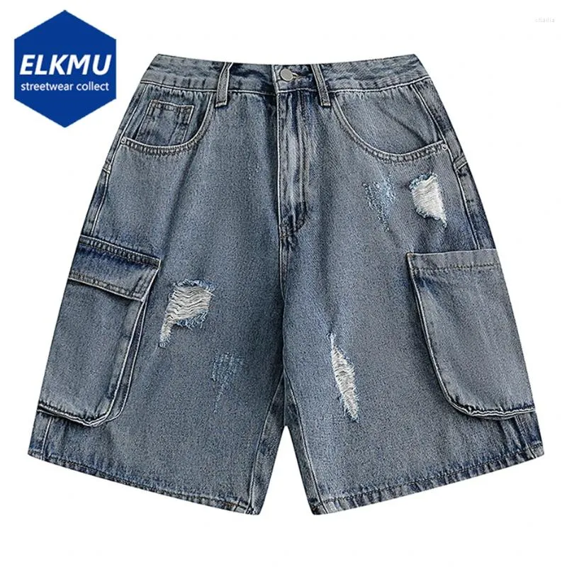 Men's Shorts Wide Denim Ripped Side Pocket Baggy Men 2024 Summer Loose Casual Blue Jeans