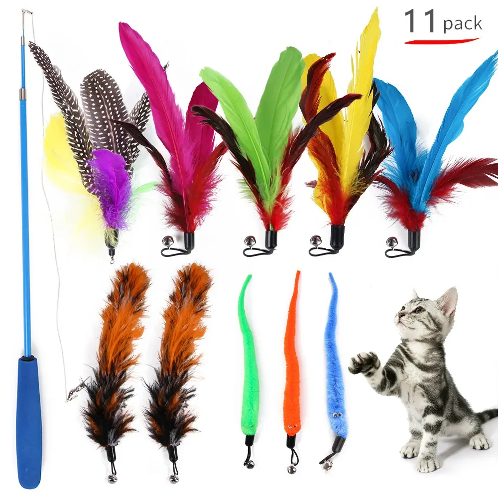 Toys 11pcs Cat Toy Sett Cat Wand Toy, Rettractable Cat Feather Toys and Remplacement REMAGE avec des cloches, KitTentoys interactifs pour chat