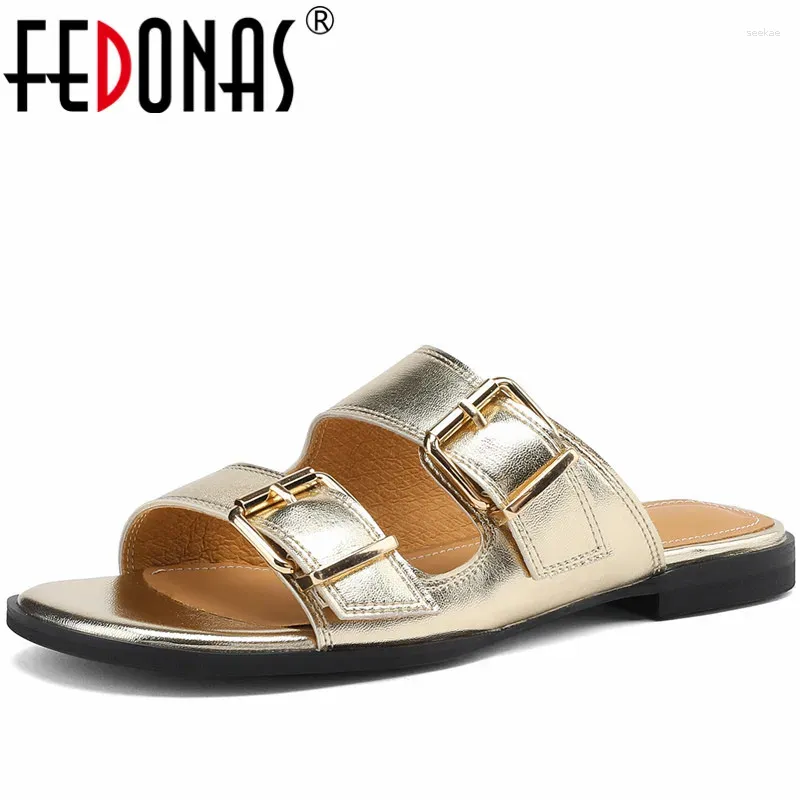 Casual Shoes FEDONAS Concise Slippers Women Sandals 2024 Summer Genuine Leather Fashion Buckles Comfortable Working Woman Flats