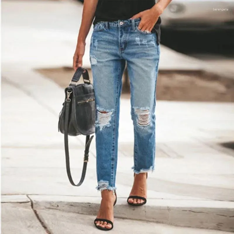 Women's Jeans Streetwear Ripped Skinny Denim Trousers Spring Summer Cotton Wash Cropped Distressed Female Pencil Pants