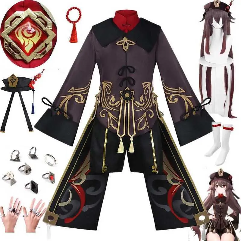 Anime -Kostüme Hu Tao Cosplay Com Uniform Deluxe Anzüge Kleid Hut Socken Perückenzubehör Finger Ringe Hutao Outfits Y240422