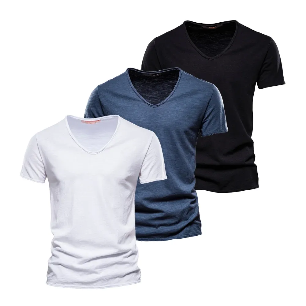 Camisas aiopeson 3 pcs conjunta 100% algodão tshirts design de moda design vneck casual slim fit básico sólido camiseta de verão para homens