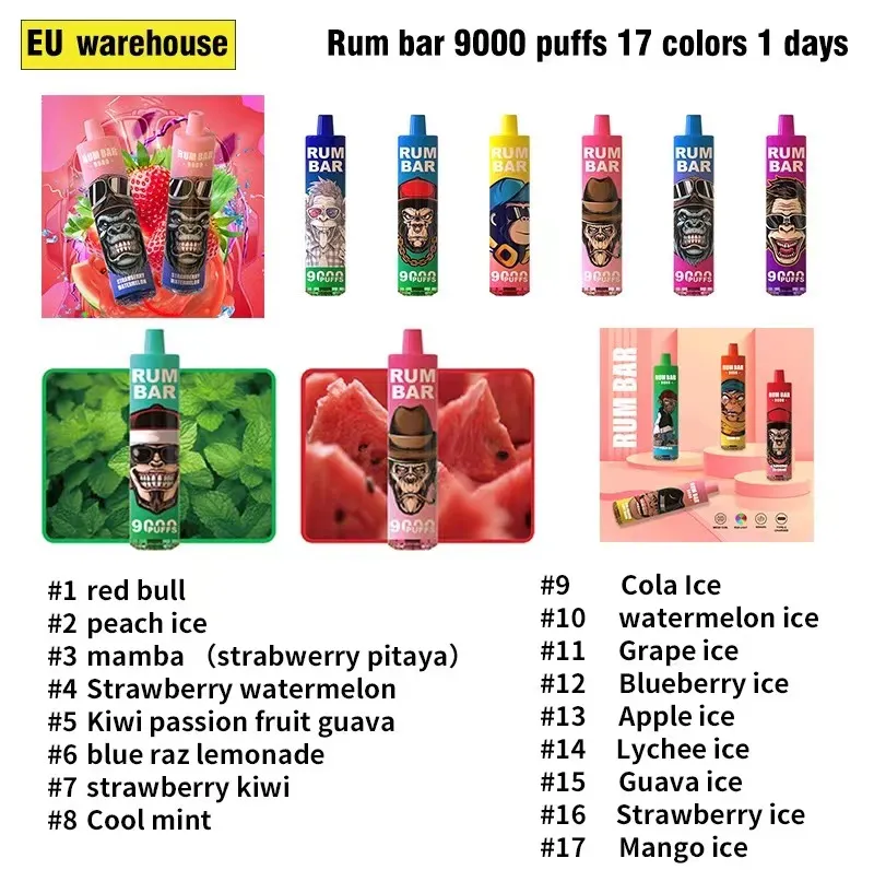 Jednorazowy oryginalny rum 9000 zaciąga wysyłka z europejskich magazynów Vape Pen Pen powietrza Puff 9k 2% 5% akumulator do ładowania 18 ml 17 smaków