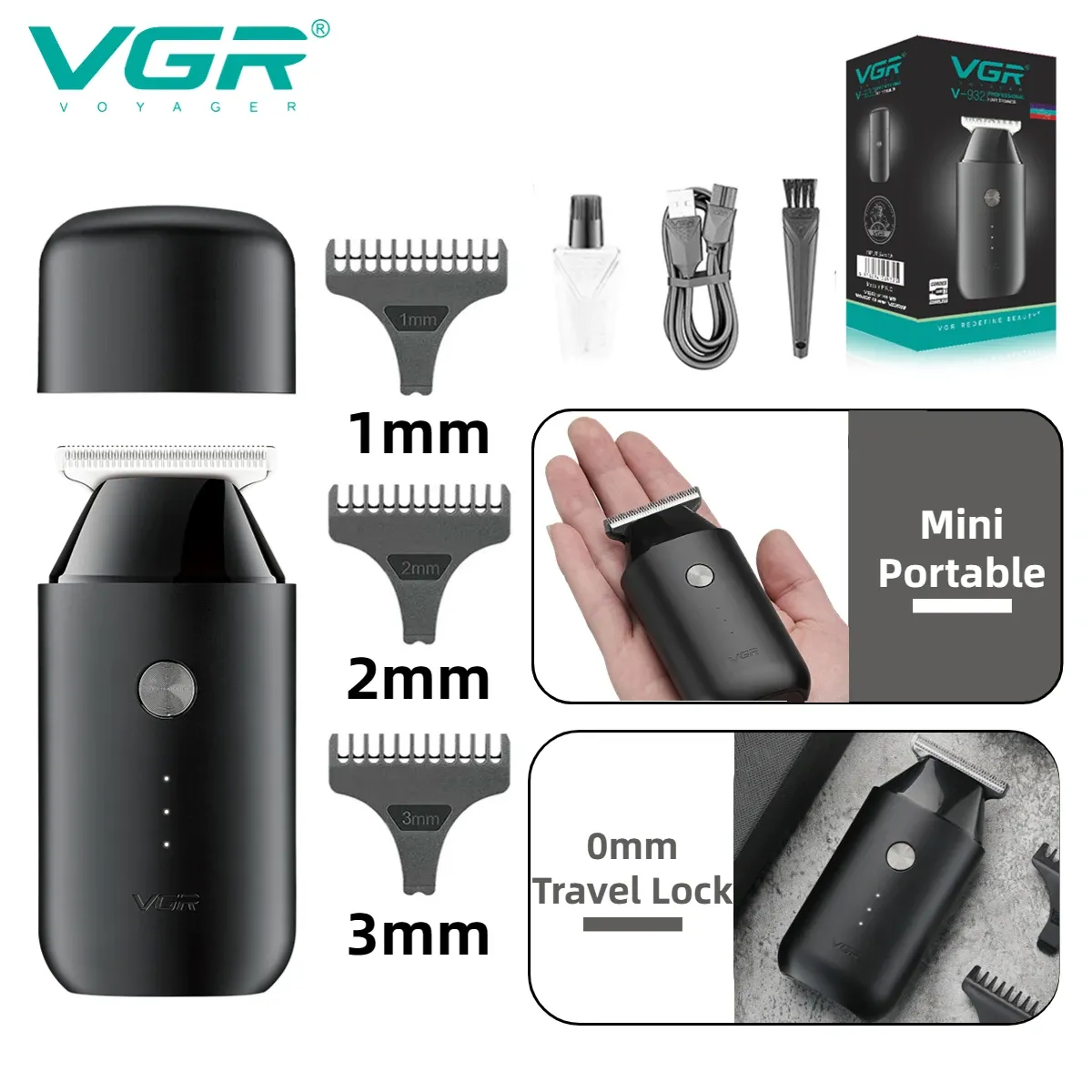 Trimmer VGR Hair Clipper Mini Hair Trimmer Tblade Hair Clipper Hushåll Skägg Trimmer Trådlös bärbar 0mm skärmaskin V932