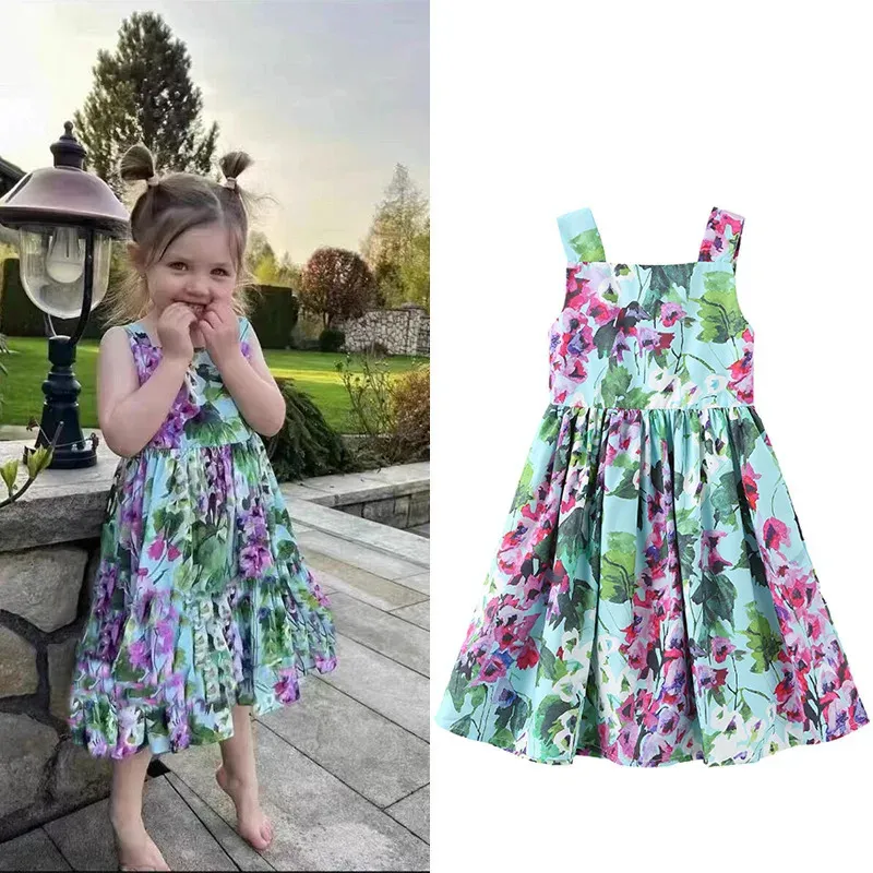 Summer Girls Summer Dress Princess Costume Flower Printed ärmlösa Vest Kids Dresses Baby Girl Clothes Toddler Dress 2-10Y 240511