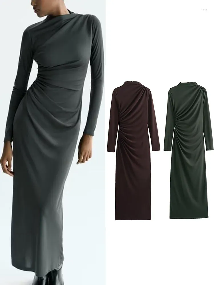 Casual Dresses Bodycon Long Dress For Women Sleeve Elegant Pleaded Design Fashion Sexy Slim Split Two Colors