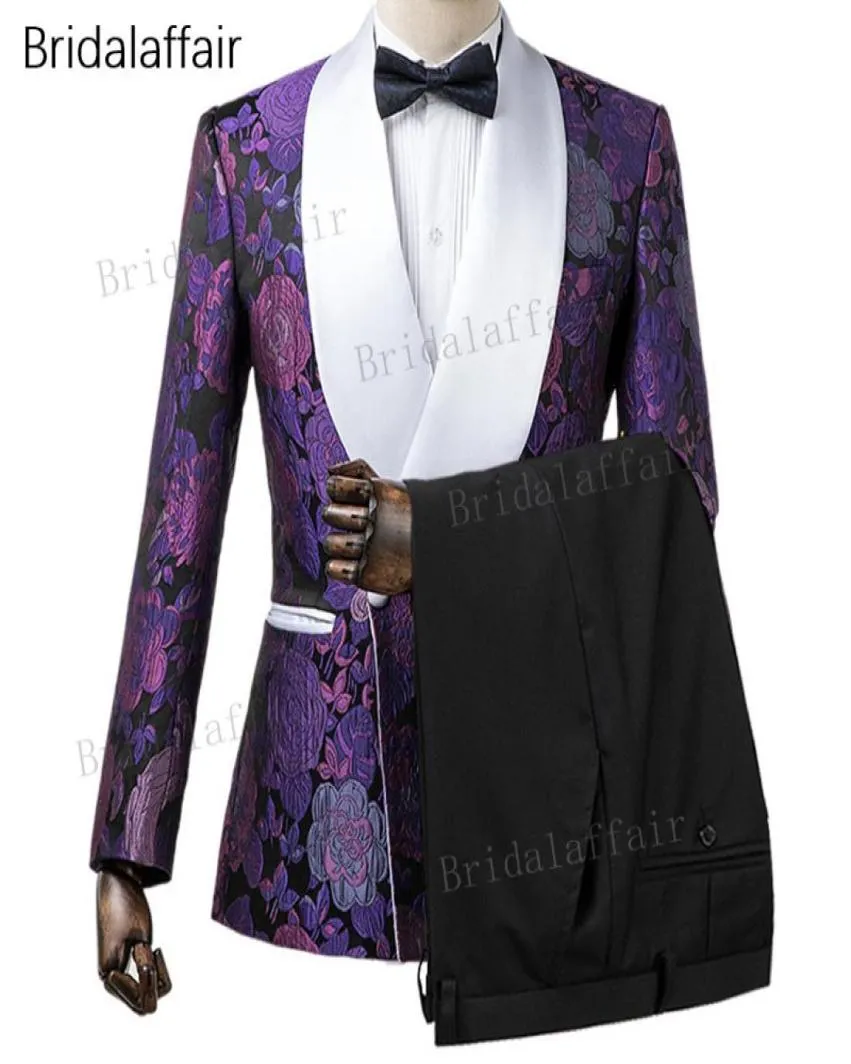 Gwenhwyfar Custom Made Groom Tuxedos Slim Fit Purple Floral Printed Men Suit Set For Wedding Prom Mens Suits 2st Jacket Black PA4984624