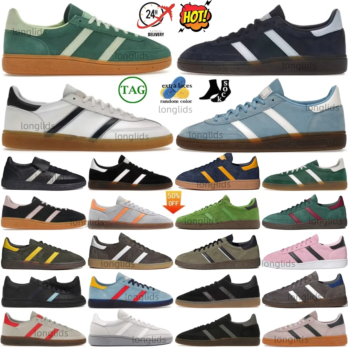 Designer Handball Sapatos Esporos de tênis de tênis Hamburgo Shoe Shoe Sneaker Men feminino Goma marinha quase amarelo núcleo de alumínio preto escarlate claro rosa arcti noite azul