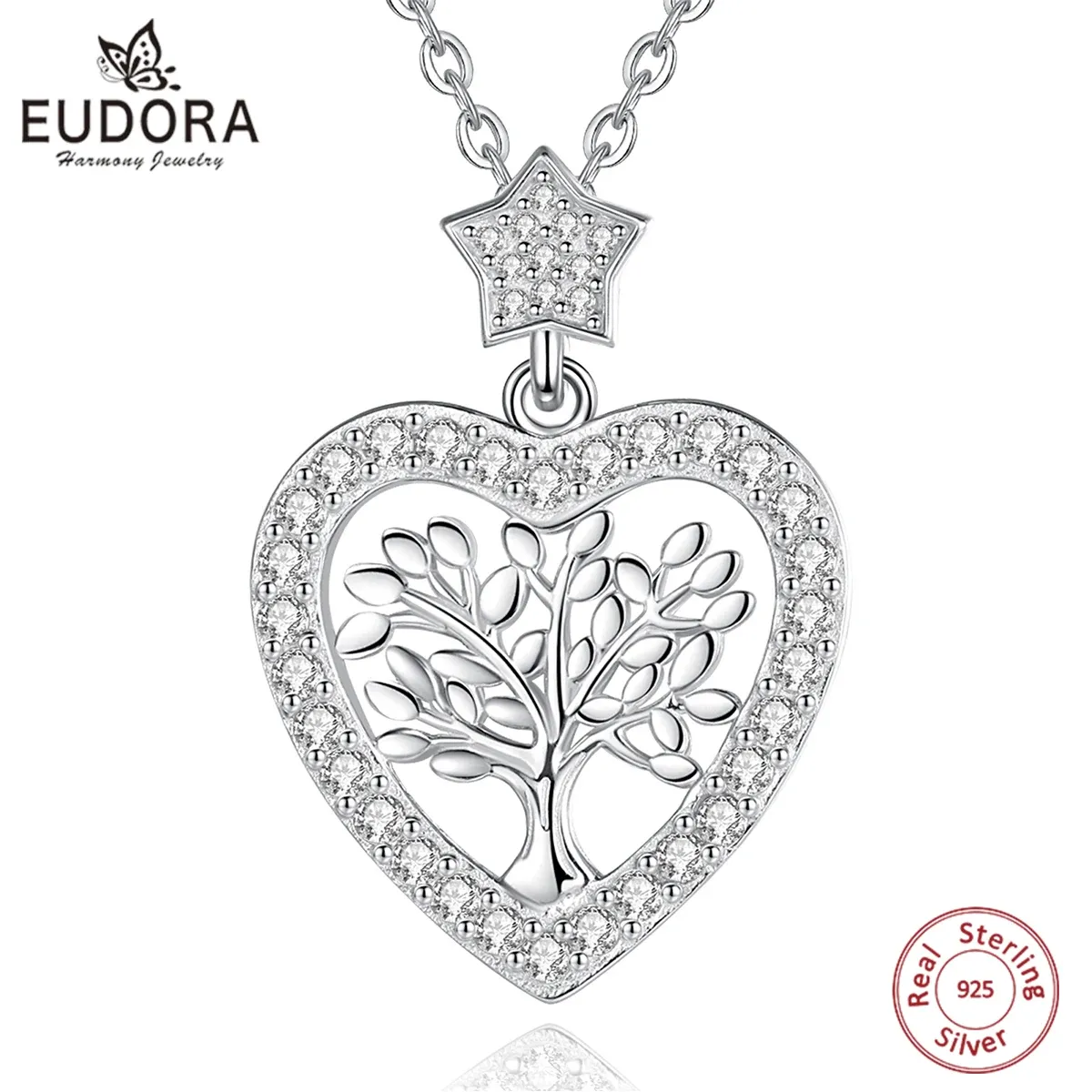 Ожерелья Eudora 925 Серебряное дерево серебряного дерева жизни Ожерелье дуб -дерево Cz подвесная природа ювелирные украшения невесты. Лучший подарок для женщин 401